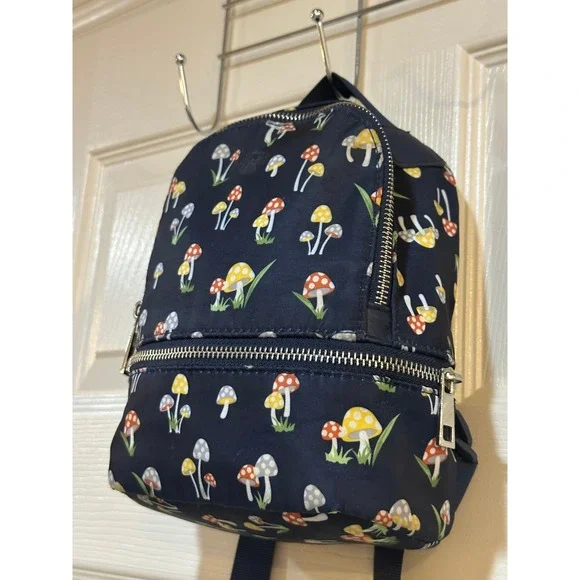 Navy Blue Mushroom Print Mini Backpack Cottagecore Nylon Small Bag - Picture 4 of 8